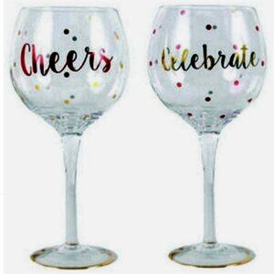 Set of Two Red and Gold Metallic Wine Glasses "Celebrate" and "Cheers"
